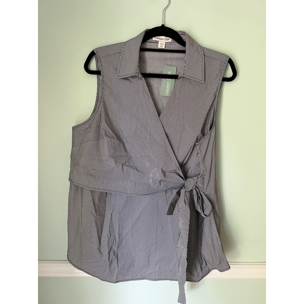 Sleeveless Side-Tie Easy Care Shirt coldwater creek 18W Stripe black white‎